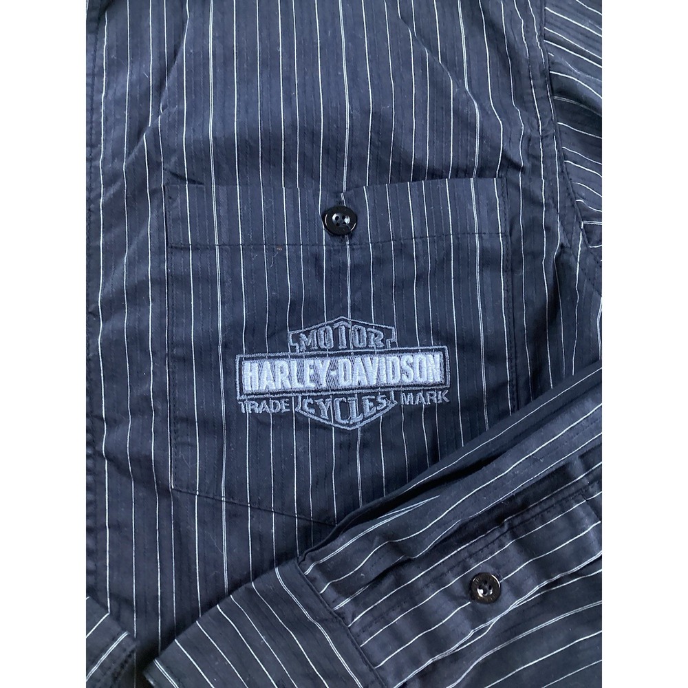 Harley Davidson Mens Sz M LS Black gray Pinstripe 2 Pockets Metal Logo Plaque - Picture 3 of 15